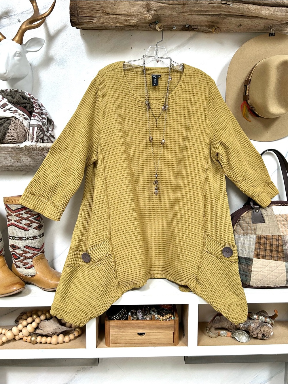 Cottagecore Trendy mustard Waffle Knit Tunic w prairie Country farmhouse vibe
